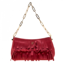 Carolina Hererra Red Leather Fringe Chain Shoulder Bag