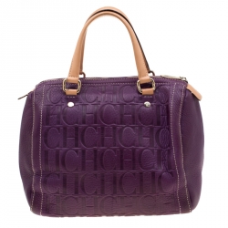 Pre Owned Carolina Herrera Purple Leather Monogram Embossed Andy Boston Bag