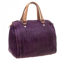 Pre Owned Carolina Herrera Purple Leather Monogram Embossed Andy Boston Bag