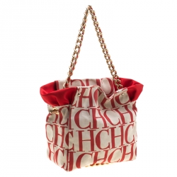 Pre Owned Carolina Herrera White/Red Canvas Bucket Chain Shoulder Bag