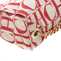 Pre Owned Carolina Herrera White/Red Canvas Bucket Chain Shoulder Bag