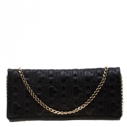 Pre Owned Carolina Herrera Black Monogram Leather Jerry Chain Clutch 