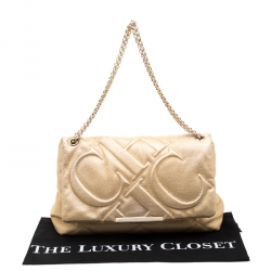Pre Owned Carolina Herrera Gold Mettalic Quilted Leather Flap Chain Shoulder Bag
