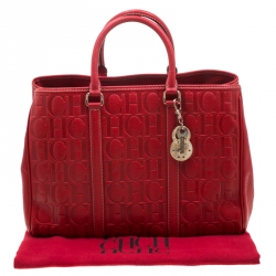 Pre Owned Carolina Herrera Red Monogram Leather Matteo Tote