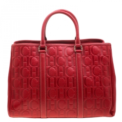 Pre Owned Carolina Herrera Red Monogram Leather Matteo Tote