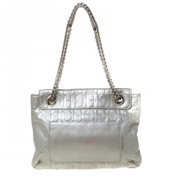 Pre Owned Carolina Herrera Silver Metallic Monogram Leather Audrey Shoulder Bag