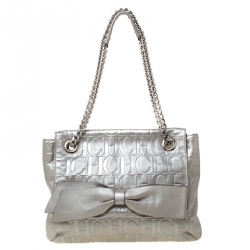 Pre Owned Carolina Herrera Silver Metallic Monogram Leather Audrey Shoulder Bag