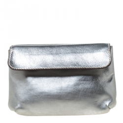 Pre Owned Carolina Herrera Silver Leather Clutch