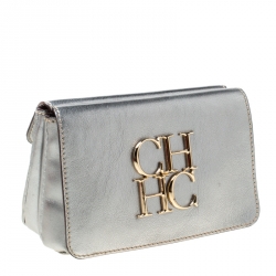 Pre Owned Carolina Herrera Silver Leather Clutch