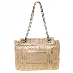 Pre Owned Carolina Herrera Metallic Gold Monogram Leather Audrey Shoulder Bag