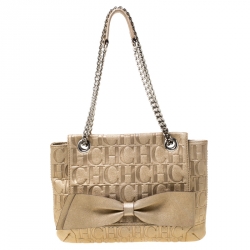 Pre Owned Carolina Herrera Metallic Gold Monogram Leather Audrey Shoulder Bag