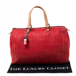 Pre Owned Carolina Herrera Red Leather Large Andy Boston Bag