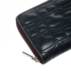 Pre Owned Carolina Herrera Navy Blue Monogram Leather Zip Around Wallet