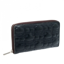 Pre Owned Carolina Herrera Navy Blue Monogram Leather Zip Around Wallet