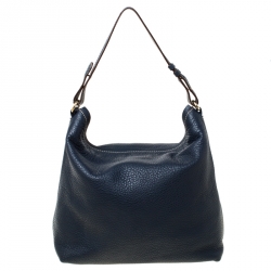 Pre Owned Carolina Hererra Navy Blue Pebbled Leather Hobo