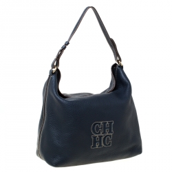 Pre Owned Carolina Hererra Navy Blue Pebbled Leather Hobo