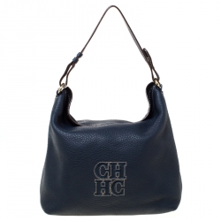 Pre Owned Carolina Hererra Navy Blue Pebbled Leather Hobo