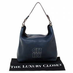 Pre Owned Carolina Hererra Navy Blue Pebbled Leather Hobo