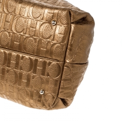 Pre Owned Carolina Herrera Gold Embossed Leather Bow Bucket Shoulder Bag