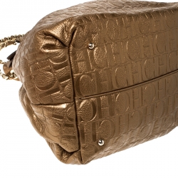 Pre Owned Carolina Herrera Gold Embossed Leather Bow Bucket Shoulder Bag
