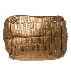 Pre Owned Carolina Herrera Gold Embossed Leather Bow Bucket Shoulder Bag