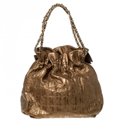 Pre Owned Carolina Herrera Gold Embossed Leather Bow Bucket Shoulder Bag