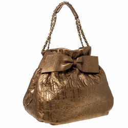 Pre Owned Carolina Herrera Gold Embossed Leather Bow Bucket Shoulder Bag