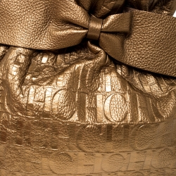 Pre Owned Carolina Herrera Gold Embossed Leather Bow Bucket Shoulder Bag