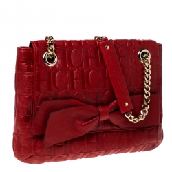 Pre Owned Carolina Herrera Red Monogram Leather Audrey Shoulder Bag