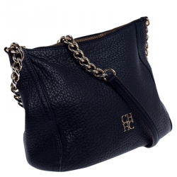 Pre Owned Carolina Herrera Navy Blue Pebbled Leather Maria Shoulder Bag