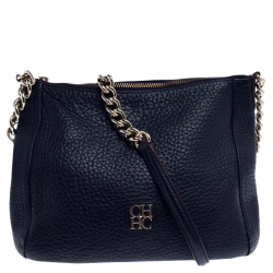 Pre Owned Carolina Herrera Navy Blue Pebbled Leather Maria Shoulder Bag