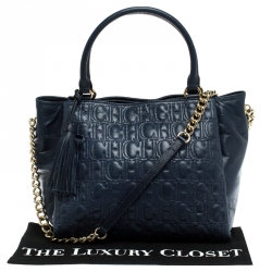 Carolina Herrera Navy Blue Monogram Leather Tote