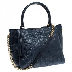 Carolina Herrera Navy Blue Monogram Leather Tote