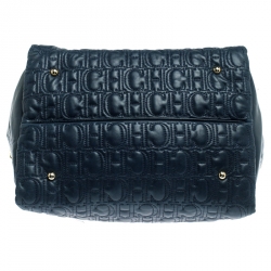 Carolina Herrera Navy Blue Monogram Leather Tote
