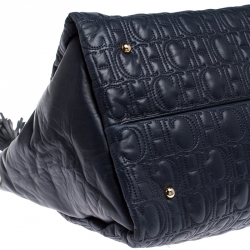 Carolina Herrera Navy Blue Monogram Leather Tote