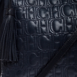Carolina Herrera Navy Blue Monogram Leather Tote