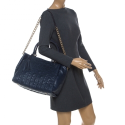 Carolina Herrera Navy Blue Monogram Leather Tote