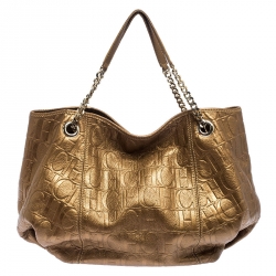 Pre Owned Carolina Herrera Metallic Gold Monogram Leather Poppy Hobo