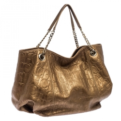 Pre Owned Carolina Herrera Metallic Gold Monogram Leather Poppy Hobo