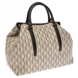 Pre Owned Carolina Herrera White/Brown Monogram PVC and Leather Shopper Tote