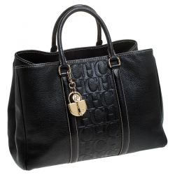Pre Owned Carolina Herrera Black Monogram Leather Matteo Tote