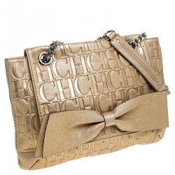 Pre Owned Carolina Herrera Metallic Gold Monogram Leather Audrey Shoulder Bag