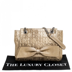 Pre Owned Carolina Herrera Metallic Gold Monogram Leather Audrey Shoulder Bag