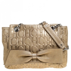 Pre Owned Carolina Herrera Metallic Gold Monogram Leather Audrey Shoulder Bag