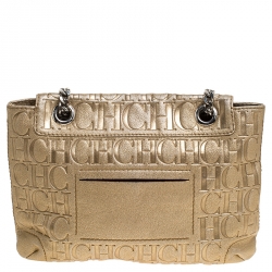 Pre Owned Carolina Herrera Metallic Gold Monogram Leather Audrey Shoulder Bag