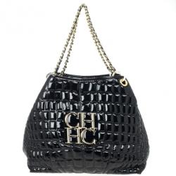 Pre Owned Carolina Herrera Black Patent Quilted Tote