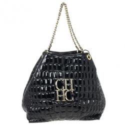 Pre Owned Carolina Herrera Black Patent Quilted Tote