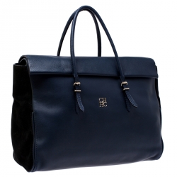 Pre Owned Carolina Herrera Navy Blue/Black Leather Flap Satchel