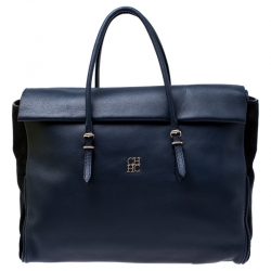 Pre Owned Carolina Herrera Navy Blue/Black Leather Flap Satchel