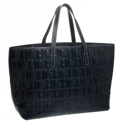 Pre Owned Carolina Herrera Navy Blue Monogram Leather Shopper Tote